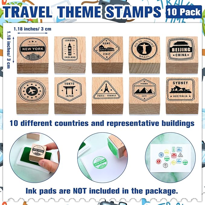 Passport Stampers Set 20 Pack Blank Travel Fake Passport Notebook and 10 Pcs Wooden Passport Stamps for Kid Pretend Passport Party Favors Collections Art Craft and Classroom School Projects
