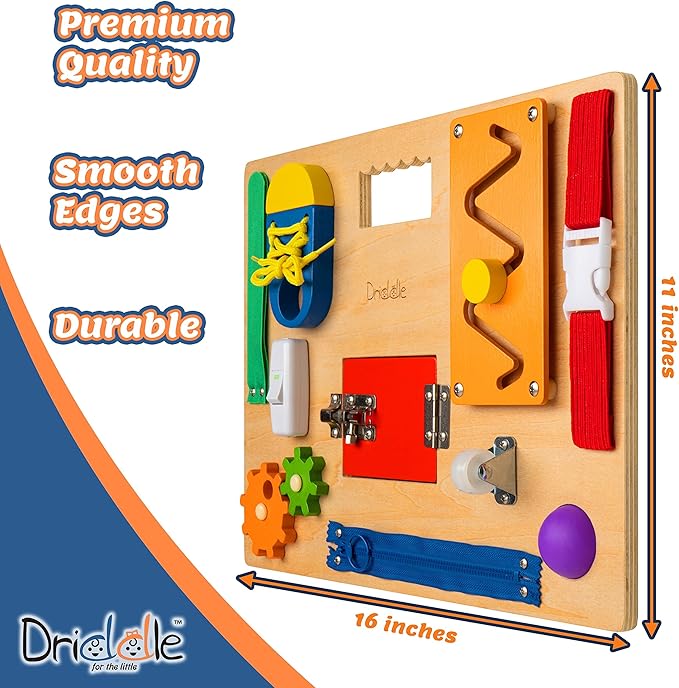 Busy Board - Wooden Montessori Activity Board for Toddlers & Kids - 12 Educational Sensory Toys to Learn Basic Life Skills & Develop Fine Motor Skills + Baby Mirror
