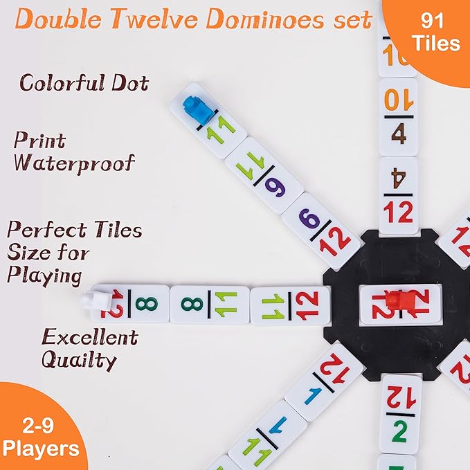 Doublefan Mexican Train Dominoes with Color Numbers,Double 12 Numerical Domino Game, Chicken Foot Dominoes Set with Aluminum Case, 91 Tiles Domino(2-10 Player