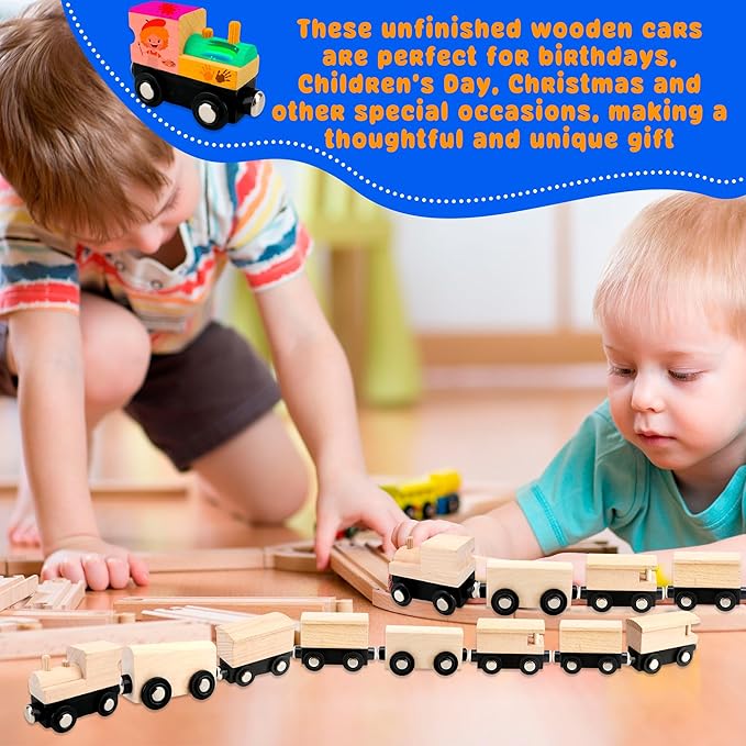 12 Pcs Wooden Trains Toys Unpainted Wood Train Cars Weak Magnetic Suction Paintable Wooden Railway for Kids Educational Toys Birthday Christmas Party Gifts (Style Set 3)