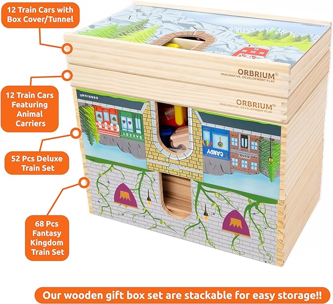 Orbrium 12 Wooden Train Cars Set with Wooden Storage Box with Box Cover Tunnel for 3,4,5,6,7 Years Old Compatible with Thomas & Friends Push-Along, Brio, IKEA, Imaginarium, Melissa and Doug