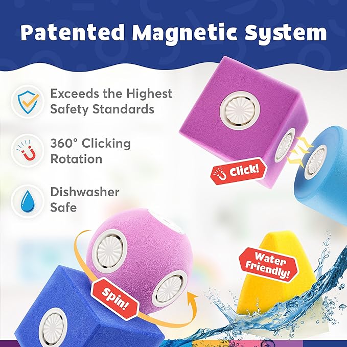 Magnetic Foam Bath Building Blocks - 50-Piece Trunk Set, Preschool Toys, Bathtub Toys, Sensory Toys, Engineering Toys for Kids 3-5