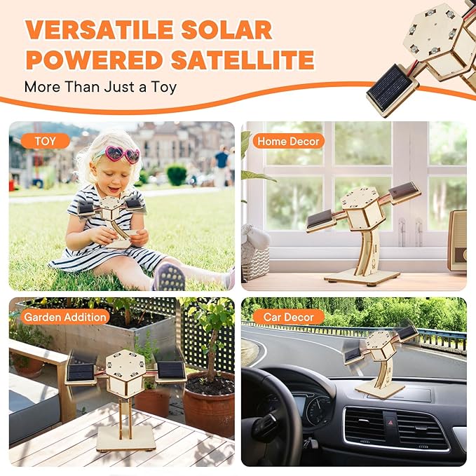Solar Powered Wooden Puzzle,Rotating Satellite DIY Assembly 3D Construction Toy,STEM Educational Science Craft Model Kit,Wood Craft for Kids,Handmade Wood House for Children Ages 8-12