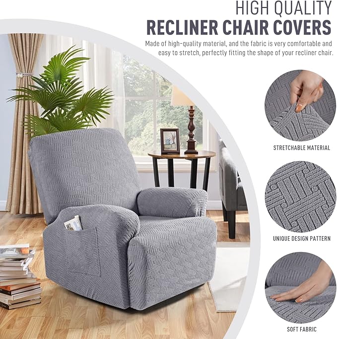 KinCam Recliner Covers, Stretch Reclining Chair Covers, Recliner Sofa Slipcovers Stripe Jacquard Recliner Couch Covers Furniture Protector Covers for Pet Kid (1 Seater, Light Gray)