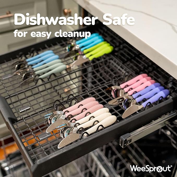 Kids Stainless Steel Utensils Set - Premium 18/8 Grade Silverware Kit - 2 Spoons, 2 Forks, and 2 Knives for Ages 4-7 - Silicone Easy-Grip Handles - Children Flatware Cutlery (Matte - Green, Blue)