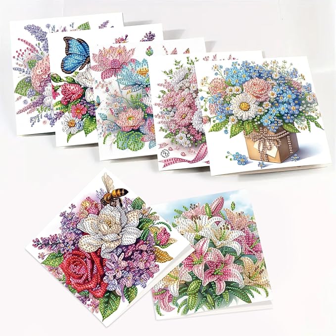8 Packs Diamond Art Painting Greeting Card Kit Diamond Art Greeting Cards Special Shaped Diamond Painting Greeting Card Arts Crafts for Christmas Birthday Thanksgiving Day Holiday (Flowers 30x15cm)