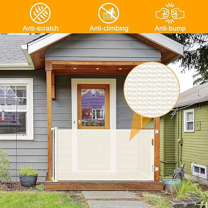 60 Inch Retractable Baby Gate Mesh Dog Gates for The House Pet Gates for Dogs Child Gates for Doorways Outdoor Gates for Decks Stair Gates for Kids or Pets Indoor Gate for Dogs Toddler Gate (Beige)