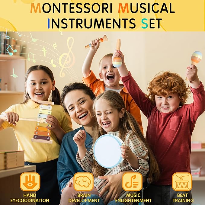 Baby Musical Instruments, Montessori Wooden Toys for Toddlers, Premium Wooden Musical Instrument Set for Kids Preschool Educational, Fun Musical Instruments for Children