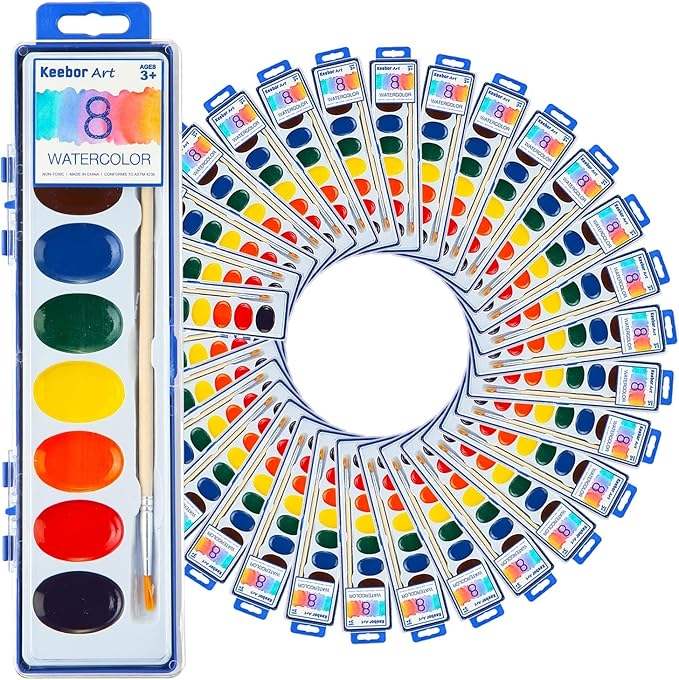 8-Color Watercolor Paint Set for Kids, 36 Pack Washable Watercolors for Party Favors, Gifts, Classroom Supplies (Wood Brushes Included)
