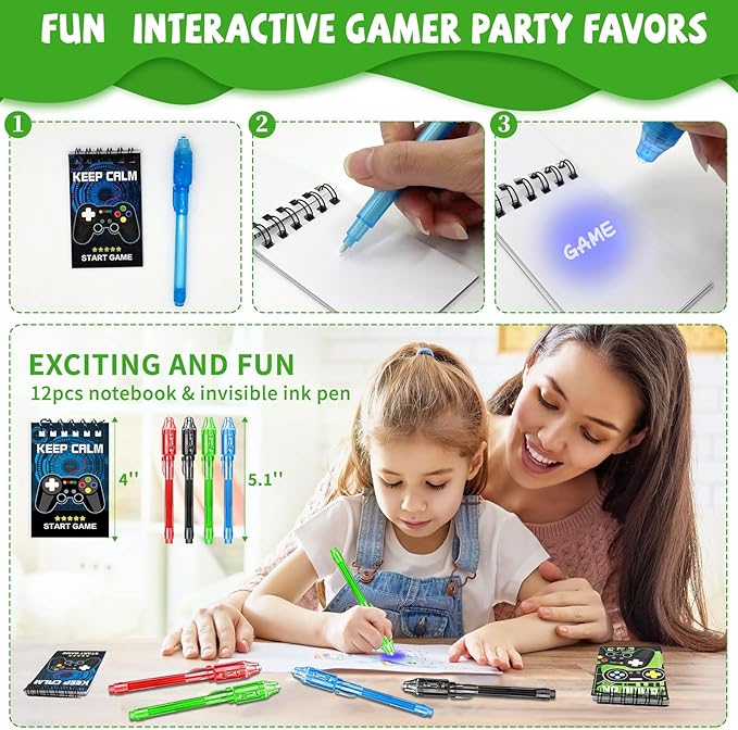 146 Pcs Video Game Party Favors, Gamer Party Favors -Ink Pen Notebook VIP Passes with Lanyards Slap Bracelets Keychains Bags Tattoo Stickers for Kids Gaming Party Favors Game On Birthday Party Favor