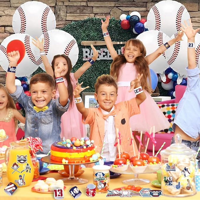 74PCS Baseball Party Favors 24PCS Baseball Slap 50PCS Baseball Stickers Bracelets Baseball Themed Party Favors Birthdays Party Decorations for Sport Game Player Kids Gifts
