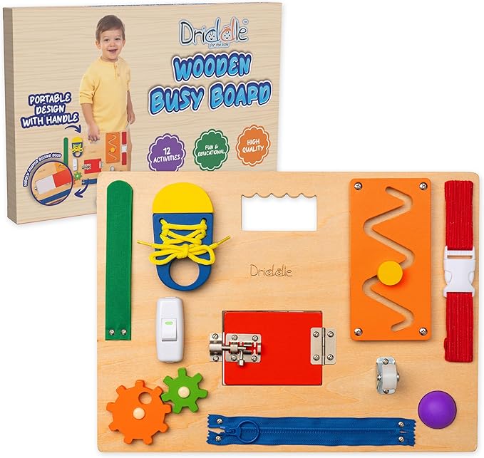 Busy Board - Wooden Montessori Activity Board for Toddlers & Kids - 12 Educational Sensory Toys to Learn Basic Life Skills & Develop Fine Motor Skills + Baby Mirror