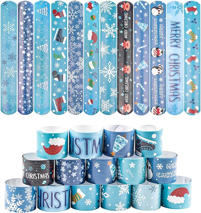 KIMOBER 48PCS Christmas Slap Bracelets,Assorted Snap Wristbands with Xmas Elements for Kids Party Favors