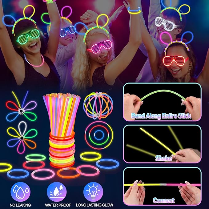 170PCS Glow in the Dark Party Supplies, 16PCS LED Foam Sticks, 16PCS LED Glasses and 100PCS Glow Sticks Necklaces Bracelets Headband, Light Up Party Favors for Kids Adults, Wedding, Concert, Birthday