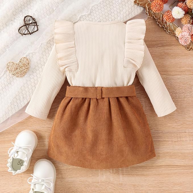 Fernvia Toddler Baby Girl Fall Winter Skirt Set Turtleneck Ribbed Long Sleeve T-Shirt Top & Plaid Skirts Dress 2Pcs Outfits