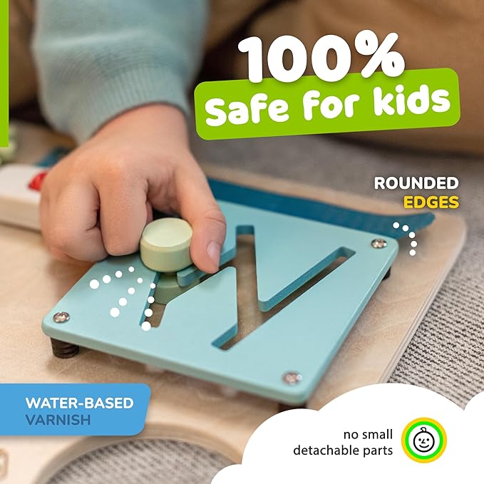 Montessori Busy Board for Toddlers, Wooden Sensory Toddler Busy Board with 10 Preschool Learning Activities for Fine Motor Skills, Activity Kids Travel Toy for Boys & Girls, Packaging May Vary