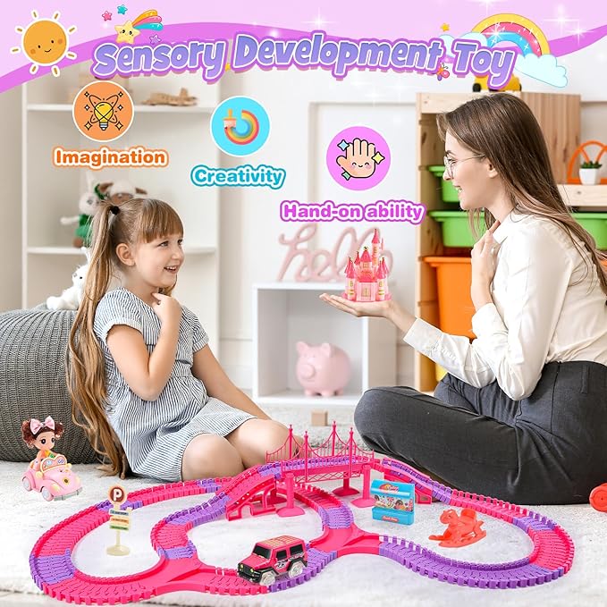 Princess Toys: 258pcs Toys for 3 4 5 6 Year Old Girls Kids Car Track Toy Set with Doll Caslte Barbi Car 4 Year Old Girl Birthday Gifts Pink Toys for Girls 3-5 Toddler Girl Toys Age 3-6