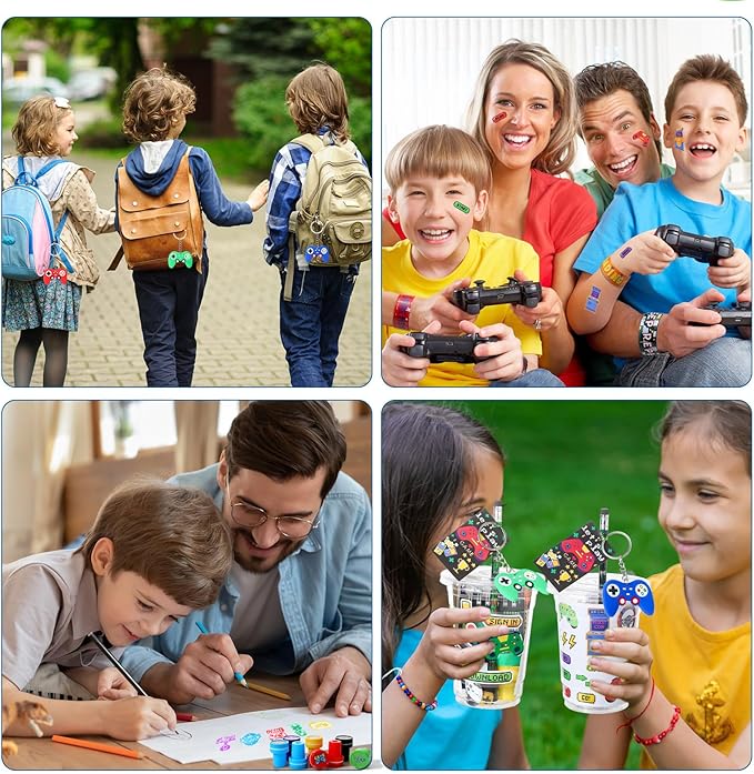 265 Pcs Video Game Party Favors Drinking Cups Notebook Pencils Sharpener Keychain Slap Bracelets Ring Stamp DIY Sticker Tattoo Sticker Tag Twist Tie for Boy Kid Birthday Gamer Reward Gift