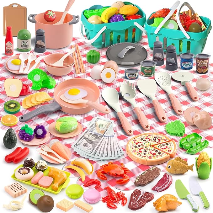 150Pcs Kitchen Playset, Toddlers Pretend Cooking Cookware Accessories, Food, Picnic Blanket, Fruits, Veges, 2Pack Shopping Storage Basket, Dessert and Prop Money, Gift for Kids (Pink)