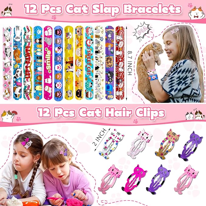 158Pcs Cat Party Favors Set with Cat Headband Keychains Tattoo Stickers Erasers Slap Bracelets Hairpin Goodie Bags Cat Party Supplies Cat Birthday Decorations Girl Party Favors