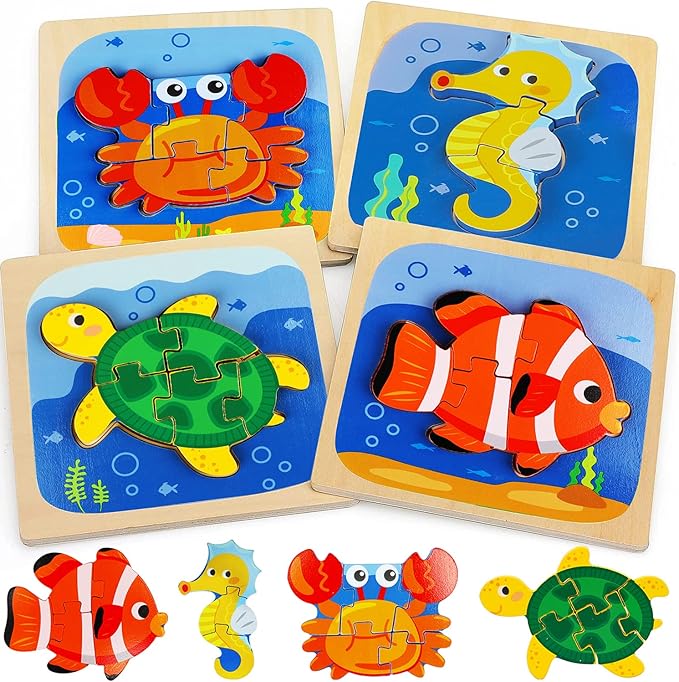 TOY Life Wooden Puzzles for Toddlers 2-4, Sea Animals Toddler Puzzles, Puzzles for Toddlers 1-3, Wood Puzzles Educational Montessori Toys Gifts for 1 2 3 Year Old, Baby Puzzles Kids Learning Toy