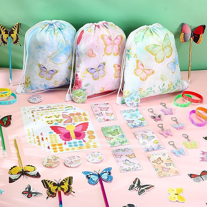 140 Pcs Butterfly Party Favors Spring Butterfly Birthday Party Supplies Include Mini Notebook Pen Keychain Bracelet Drawstring Bag Sticker Fairy Party Favor for Birthday Party Supply