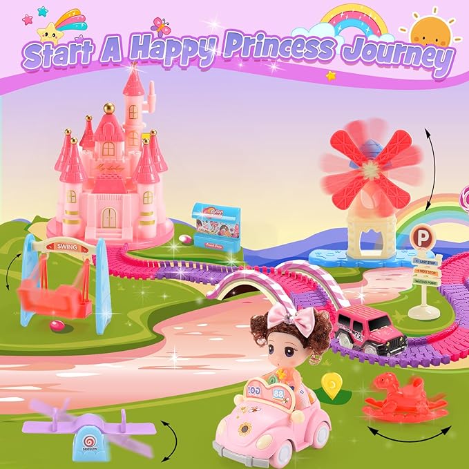 Princess Toys: 258pcs Toys for 3 4 5 6 Year Old Girls Kids Car Track Toy Set with Doll Caslte Barbi Car 4 Year Old Girl Birthday Gifts Pink Toys for Girls 3-5 Toddler Girl Toys Age 3-6