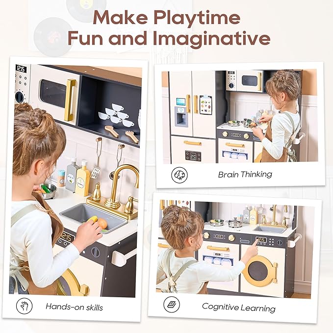 Kids Kitchen Playset with Realistic Design, Luxury Play Kitchen with Extended Storage Cabinets, Toy Kitchen for Toddlers with Coffee Counter, Cookware Accessories, Oven, Microwave (White and Black)