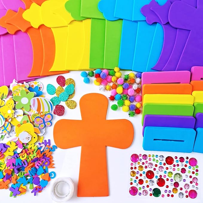 18 Sets Easter Cross Decorations DIY Craft Kits Assorted Foam Cutouts Egg Bunny Chick Stickers Pom-poms for Kids Classroom Sunday School VBS Activity Art Project