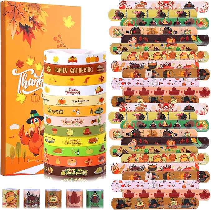 48Pcs Fall Thanksgiving Party Favors Slap Bracelets Rubber Wristbands Pumpkin Pattern Toys Bulk for Boys Girls Harvest Class Exchange Gifts Reward Prizes Thanksgiving Party Supplies