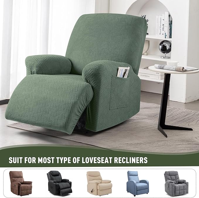 KinCam Recliner Covers, Stretch Reclining Chair Covers, Recliner Sofa Slipcovers Stripe Jacquard Recliner Couch Covers Furniture Protector Covers for Pet Kid (1 Seater, Greyish Green)