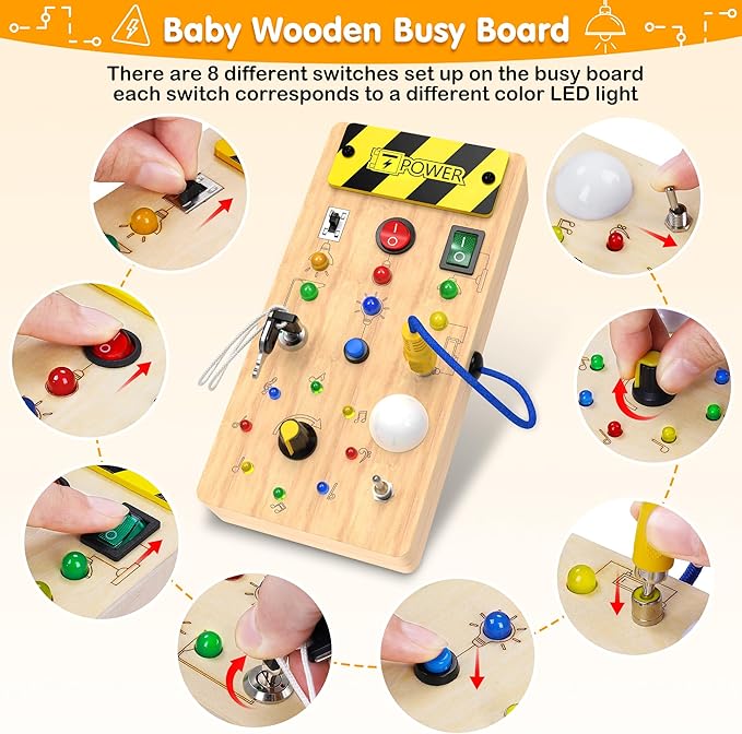Montessori Toddler Toys-Baby Wooden Busy Board-Sensory Toys with Light Switch-Baby Travel Toys-Preschool Educational Learning Activities Toys-Gifts for Boys Girls Ages 1 2 3 4+ Year Old