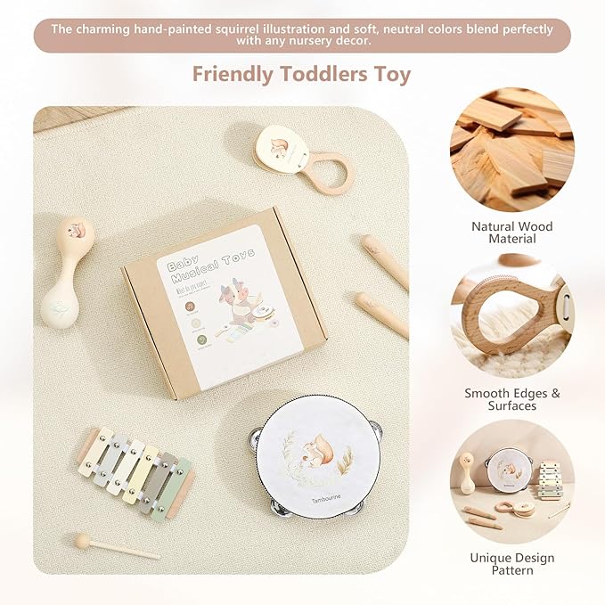 Baby Musical Instruments Set Wooden Montessori Musical Toys for Toddlers Neutral Colors Percussion Instruments Set with Modern Boho Xylophone Tambourine Educational Musical Toys for Preschool Kids