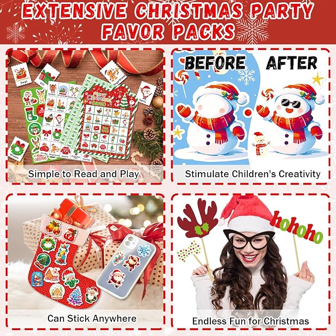 166Pcs Christmas Party Games for Kids Christmas Games 24 Player Christmas Bingo Game Pin Nose Game 24Pie Face Game Stickers Christmas Slap Bracelets Photo Props Christmas Games for Kids