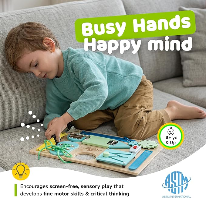 Montessori Busy Board for Toddlers, Wooden Sensory Toddler Busy Board with 10 Preschool Learning Activities for Fine Motor Skills, Activity Kids Travel Toy for Boys & Girls, Packaging May Vary