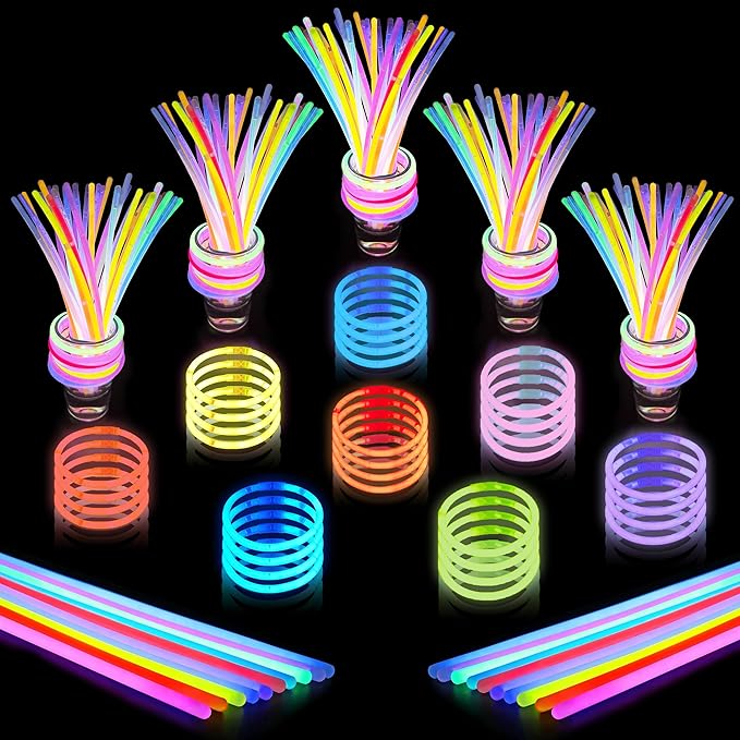 500 Pcs Glow Sticks Bulk Party Pack – 8” Neon Glow-in-the-Dark Bracelets & Necklaces for Kids & Adults - Party Supplies & Decorations for Halloween, Christmas, Birthdays - 500 Connectors Included