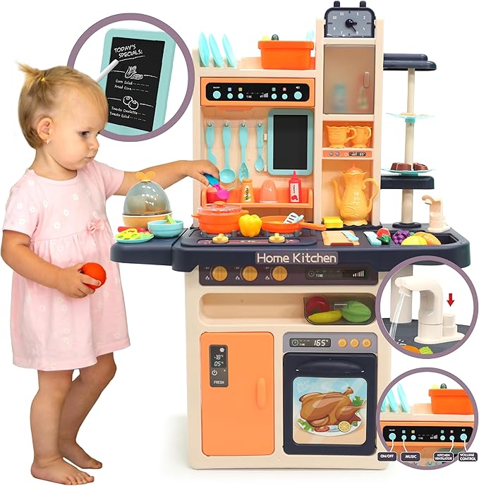 Kids' Play Kitchen Set, 65-Piece Toy Set for Toddlers, 27.95 x 11.22 x 36.81 Inch, with Functional Faucet, Realistic Steam Effects, Lights and Sounds (Blue)