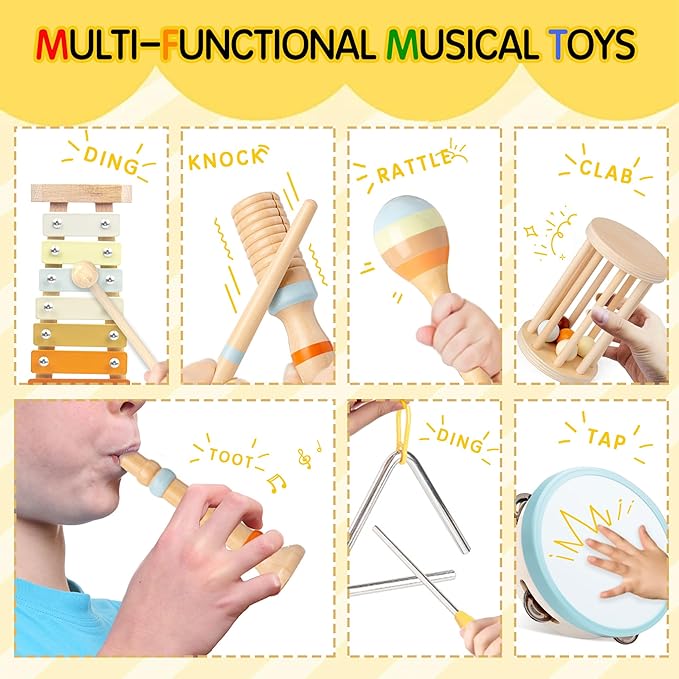 Baby Musical Instruments, Montessori Wooden Toys for Toddlers, Premium Wooden Musical Instrument Set for Kids Preschool Educational, Fun Musical Instruments for Children