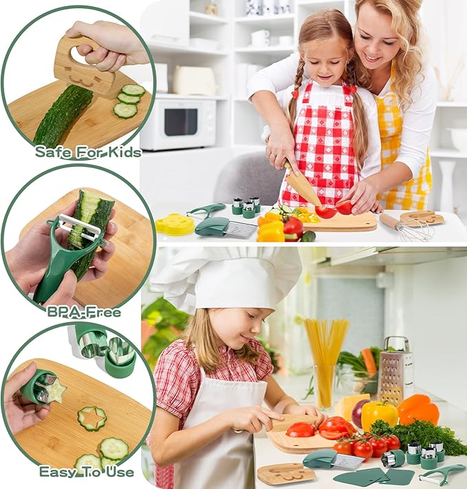 17 PCS Kids Knife Set for Real Cooking, Montessori Kitchen Tools for Toddlers, Cooking and Baking Set for Kids Little Chefs, Crinkle Cutter, Cutting Board, Safe Knife