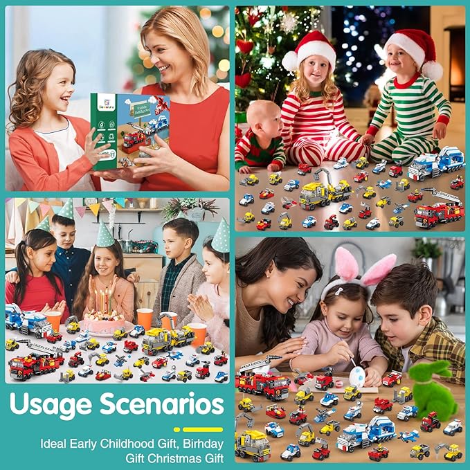 30Pack Mini Cars Building Blocks Party Favors for Kids - Small Fire Truck,City Police Car,Construction Vehicle for Goodies Bag Filling, Classroom Prizes for Boys 6-12