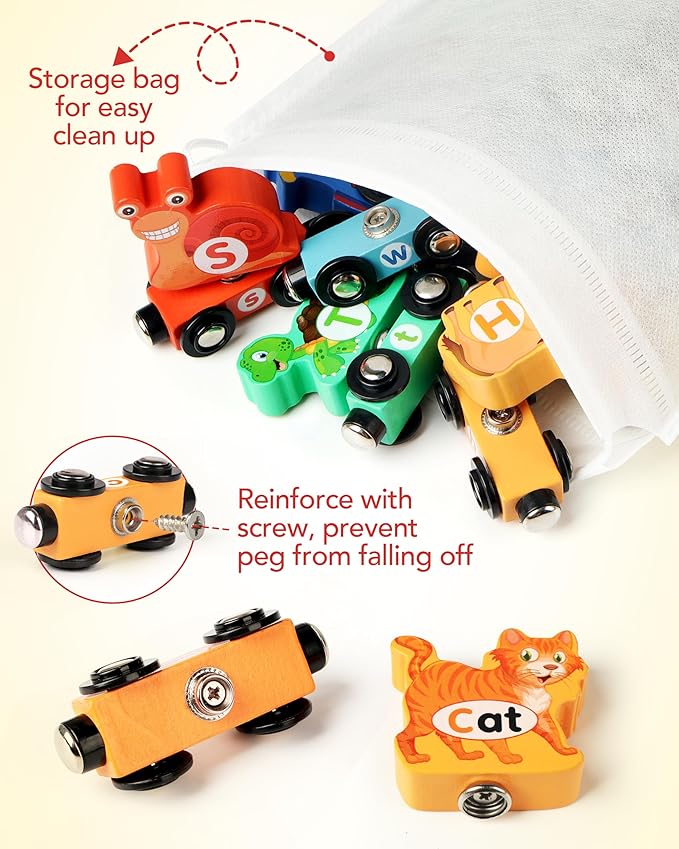 Wooden Alphabet Train Set for Toddlers – Magnetic ABC Train with Snap-Connection, Animal-Themed Educational Preschool Toy for Kids Ages 3-5, Montessori STEM Learning Gift for Boys and Girls