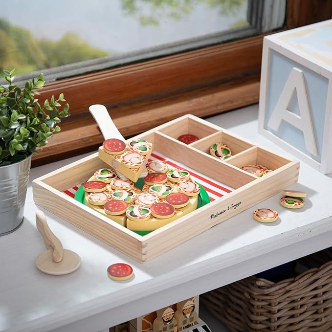 Melissa & Doug Pizza Party Wooden Pretend Play Food Set With 36 Toppings, Preschool Toy Pretend Food, Play Wooden Pizza And Cutter, Toy For Kids Ages 3+