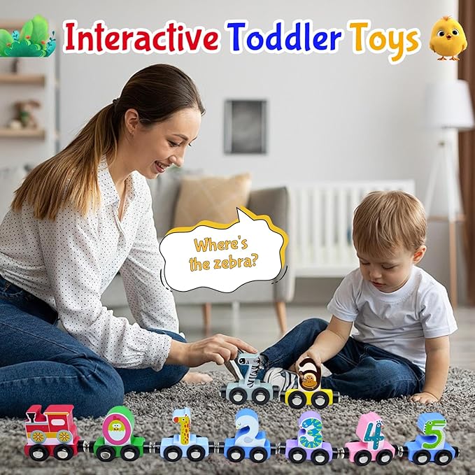 Toddlers Toy for 1 2 3 Years Old Boys Girls, 12 Magnetic Wooden Animal Digital Train Set with Storage Bag,Montessori Toys for 2-3 Years Old Toddlers, Christmas Birthday Easter Gift for Baby Toddlers