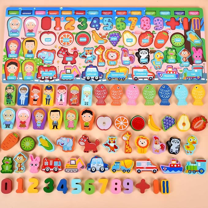Wooden alphanumeric Shapes Jigsaw Ring Count Classification Toys Math Shapes Building Blocks Toddler Learning Playboard Math Fishing Educational Toys Montessori Educational Toys (color2)