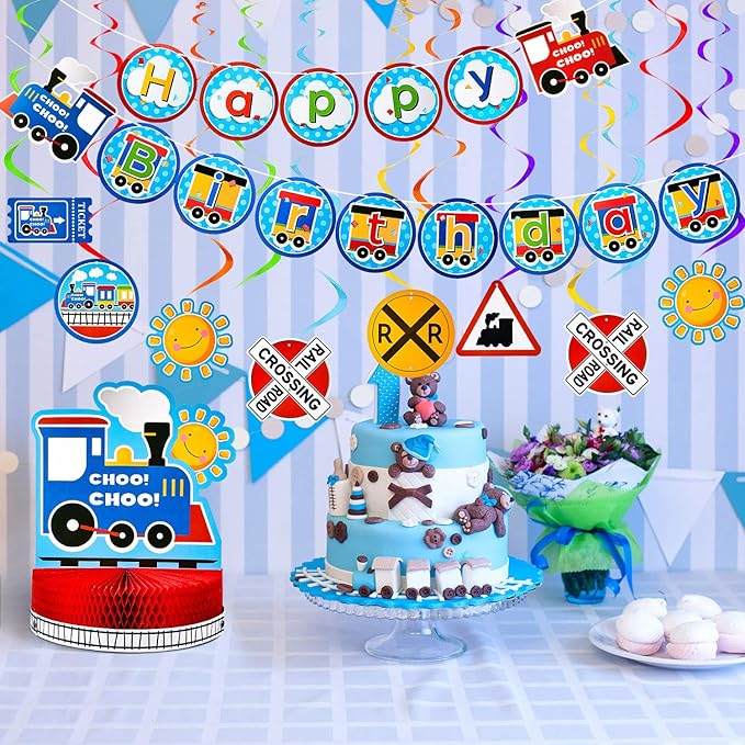 Train Birthday Party Decorations Set, Happy Birthday Banner Train Honeycomb Centerpiece, with 6 Pieces Hanging Swirl Decoration for Birthday Party Supplies Baby Shower
