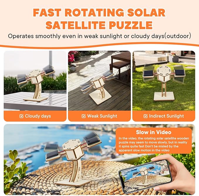 Solar Powered Wooden Puzzle,Rotating Satellite DIY Assembly 3D Construction Toy,STEM Educational Science Craft Model Kit,Wood Craft for Kids,Handmade Wood House for Children Ages 8-12
