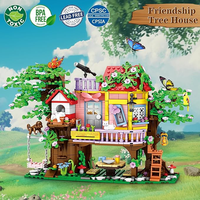 840 Piece Tree House Building Sets,Girls Creative Forest House Building Blocks Kit,STEM Friends Friendship Tree House with Swing Animals Flowers,Christmas Birthday Gifts for Girl Boy Age 6-12+