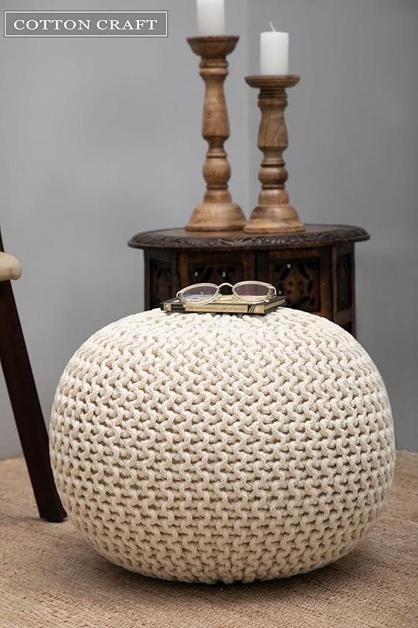 COTTON CRAFT Round Dori Pouf - Cotton Braid Cord Cable Knitted Ottoman - Foot Stool Footrest Floor Pouf Accent Furniture Bean Bag - Living Room Dorm Décor - 20.5 Dia x 13.5 High - Round Ivory Cream