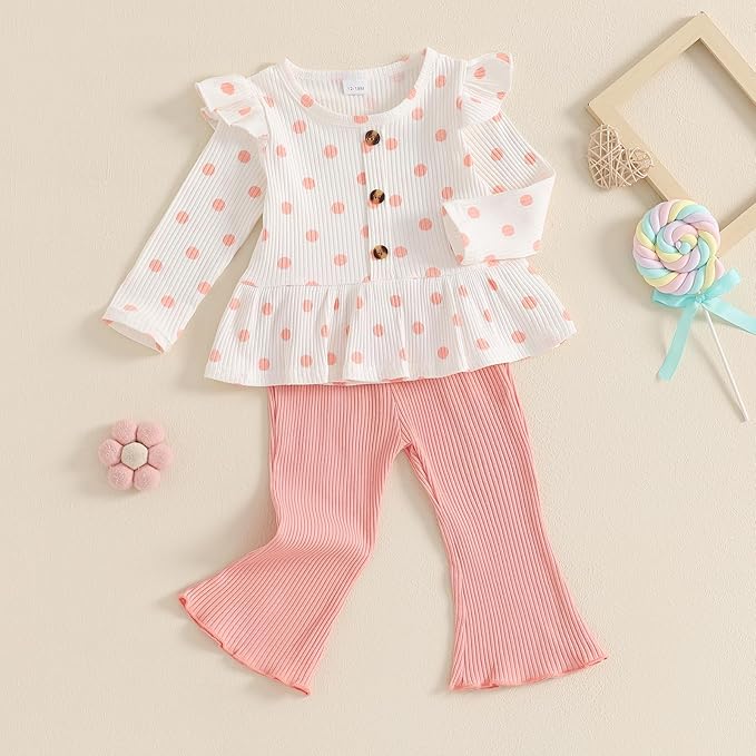 Mubineo Toddler Baby Girl Clothes Cute Ribbed Outfits Knit Long Sleeve Shirt Tops Bell Bottom Pant Fall Winter Outfit
