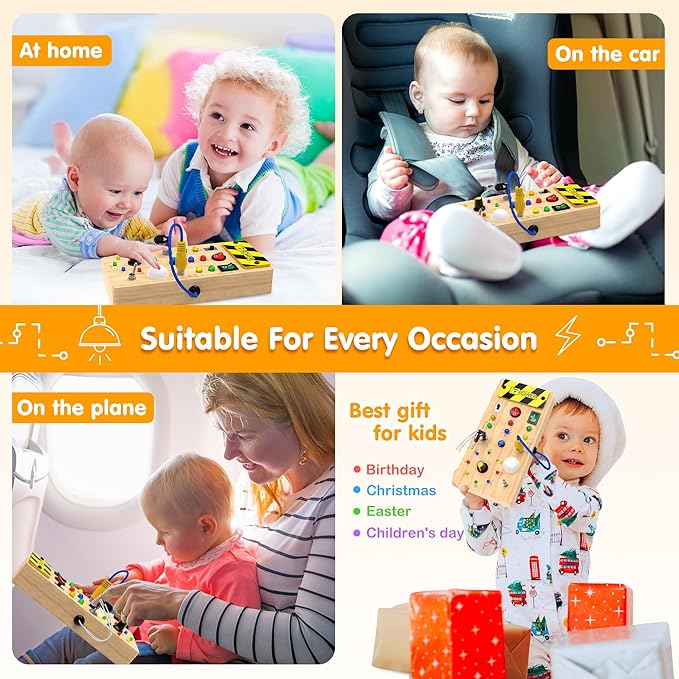 Montessori Toddler Toys-Baby Wooden Busy Board-Sensory Toys with Light Switch-Baby Travel Toys-Preschool Educational Learning Activities Toys-Gifts for Boys Girls Ages 1 2 3 4+ Year Old